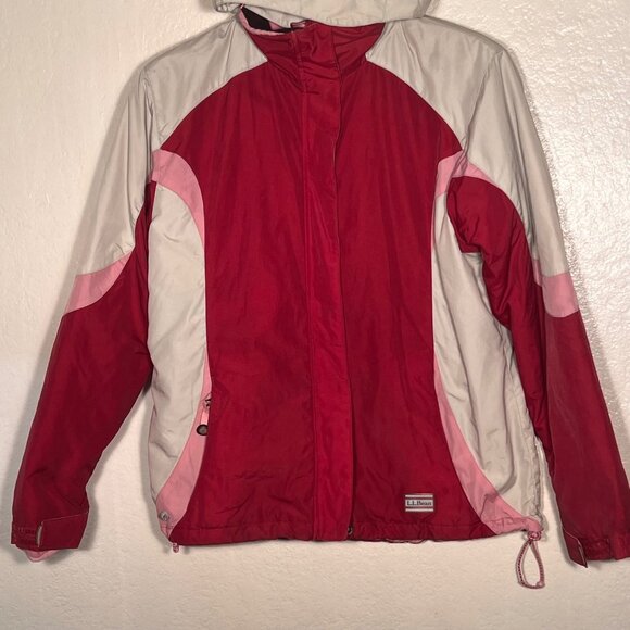 L.L.Bean M Red Pink Hooded Nylon Jacket Detachable Fleece Liner Water-Resistant - Picture 14 of 16